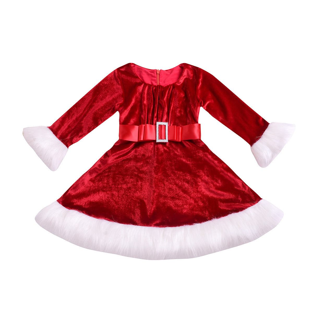 Girls Long Sleeve Velvet Princess Santa Christmas Dress With Belt Red And White