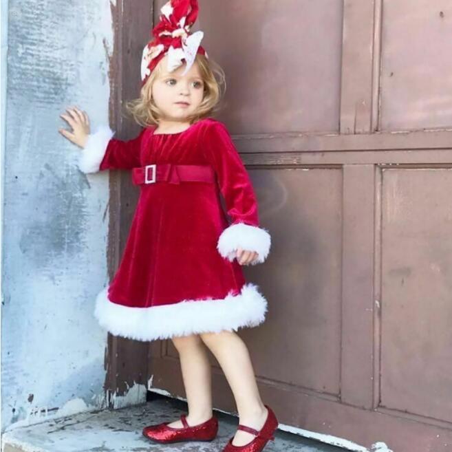 Girls Long Sleeve Velvet Princess Santa Christmas Dress With Belt Red And White