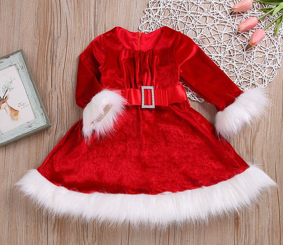 Girls Long Sleeve Velvet Princess Santa Christmas Dress With Belt Red And White