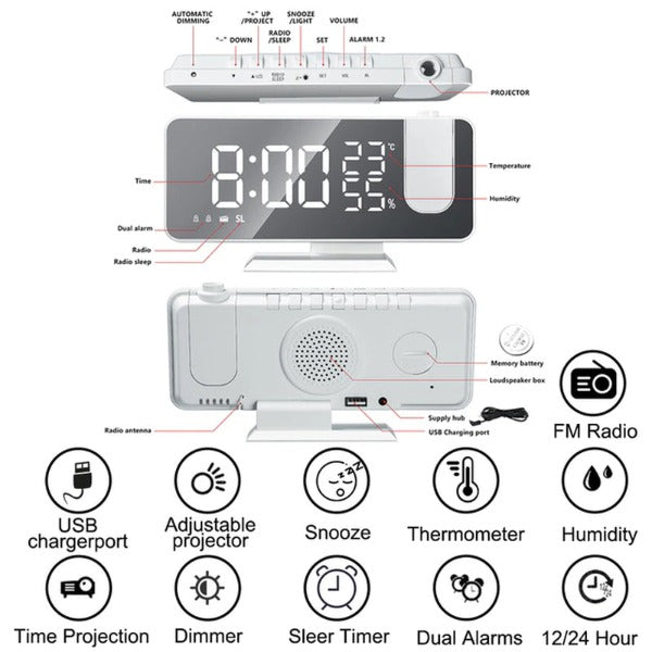 FM Radio LED Digital Smart Alarm Clock Watch Table Electronic Desktop Clocks USB Wake up Clock with 180° Time Projection Snooze