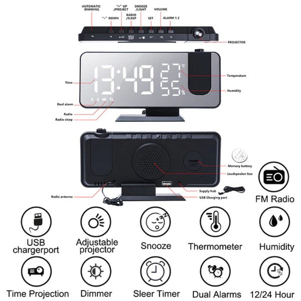 FM Radio LED Digital Smart Alarm Clock Watch Table Electronic Desktop Clocks USB Wake up Clock with 180° Time Projection Snooze