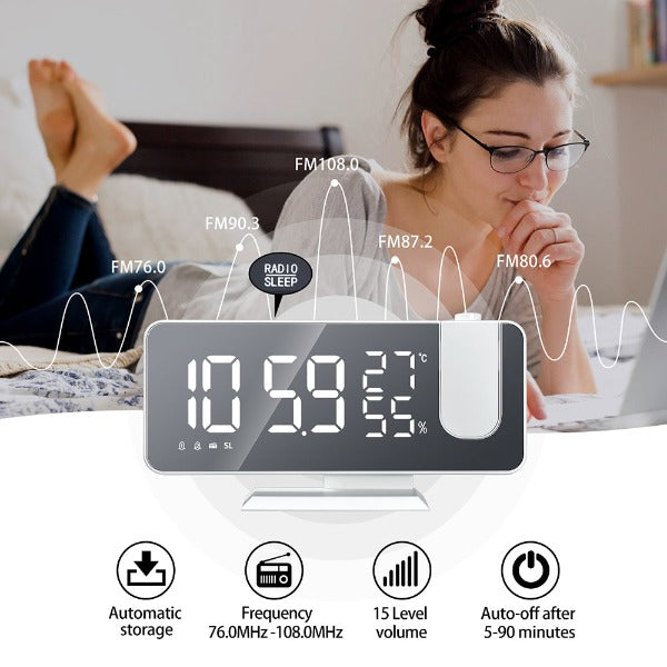 FM Radio LED Digital Smart Alarm Clock Watch Table Electronic Desktop Clocks USB Wake up Clock with 180° Time Projection Snooze