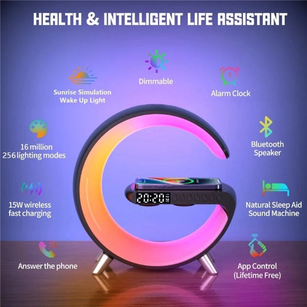 Multifunctional Wireless Charger Stand Alarm Clock Speaker APP RGB Light Fast Charging Station for Iphone X 11 12 13 14 Samsung